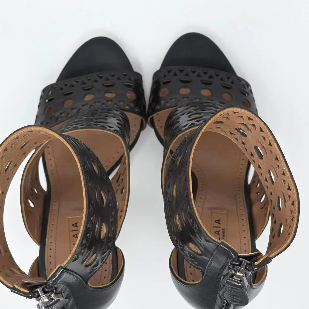 Alaia Black Caged Gladiator Sandal Heels Laser Cut Cutout Leather US 7.5 EU 37.5